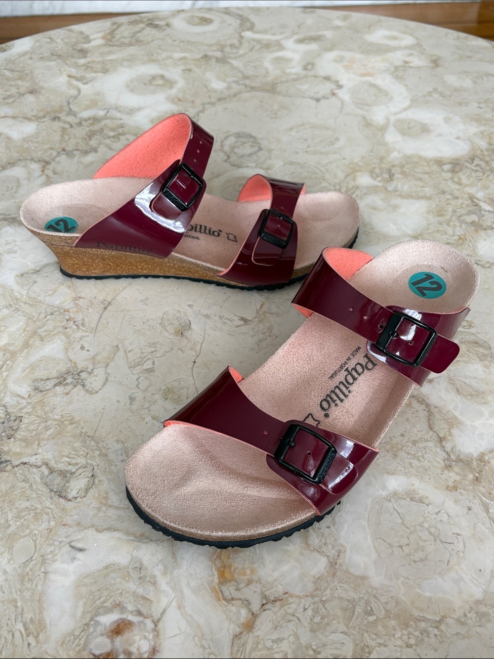 NEW Birkenstock Papillio Dorothy Wine Patent Wedge Sandals Size 43 / US 12